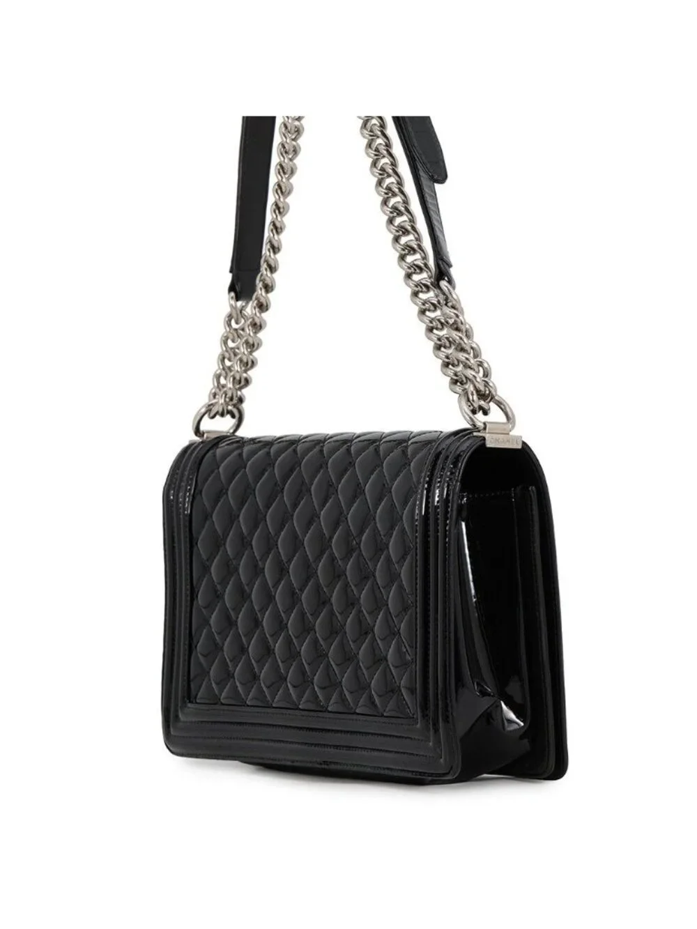 Chanel Chain Shoulder Bag Boy Large Quilted CC Logo Patent Black